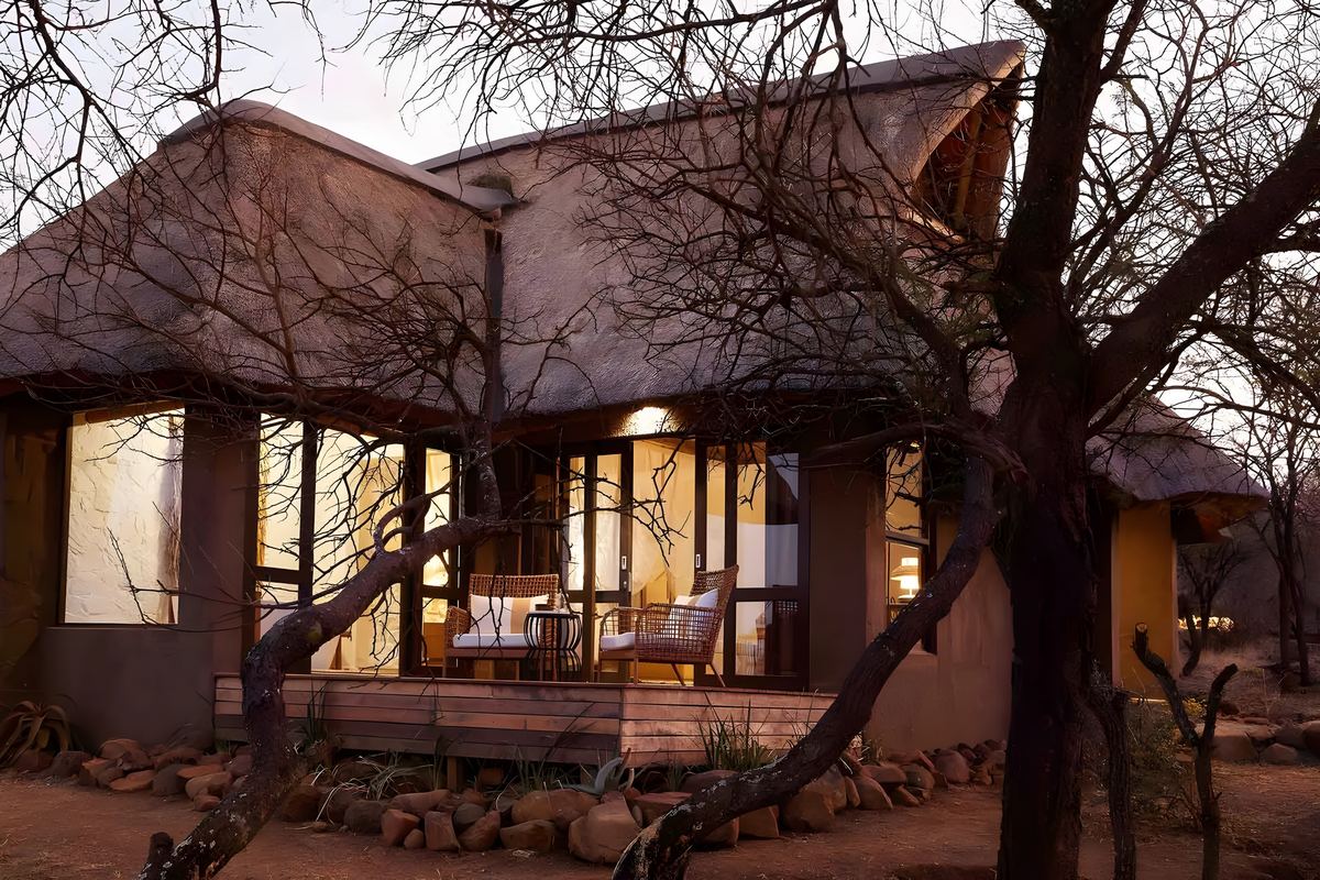 A suite at dusk, lit from within, among the trees