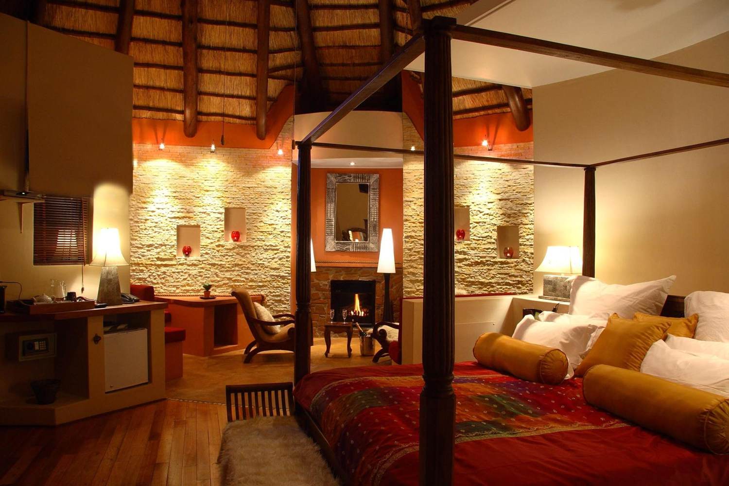 A chalet, with the fire lit