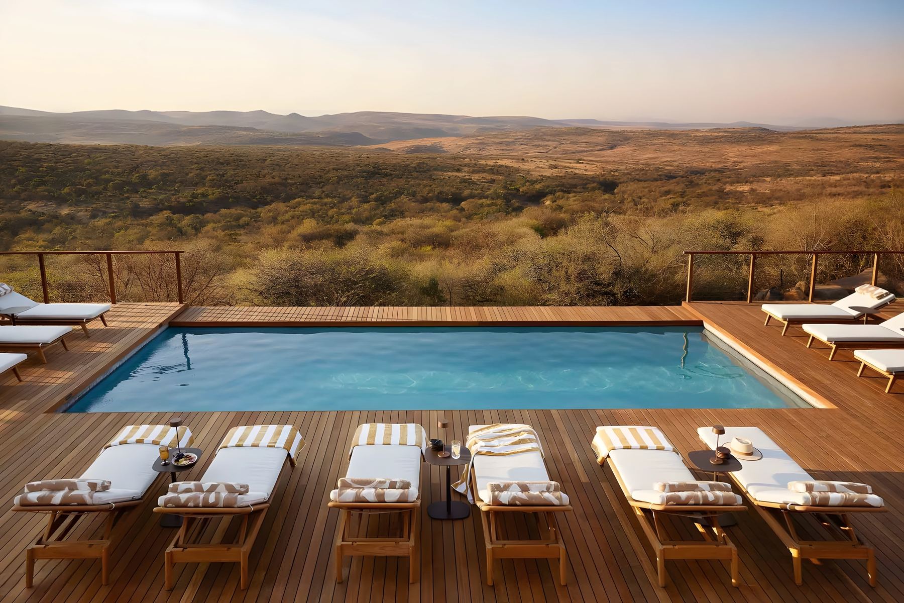 The pool deck at Nambiti Hills, looking out over the hills of the reserve