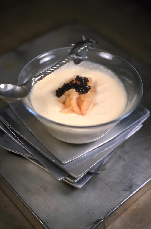 A soup topped with caviar