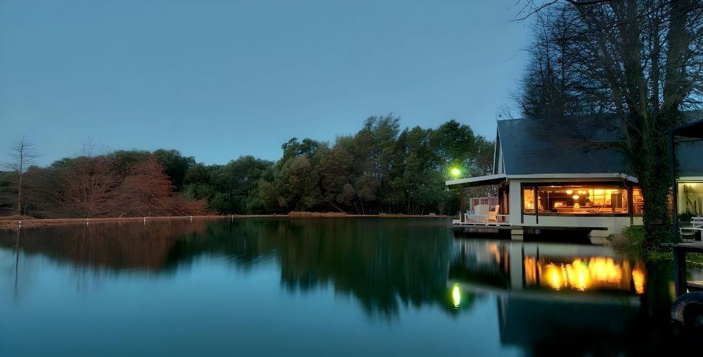The dining room lit up over the dam at dusk